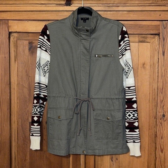 E&M Army Green Anorak fair isle sleeves Jacket Sz. MD - Picture 1 of 14